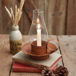 Rustic tin Chamberstick Candle Holder with Glass Hurricane